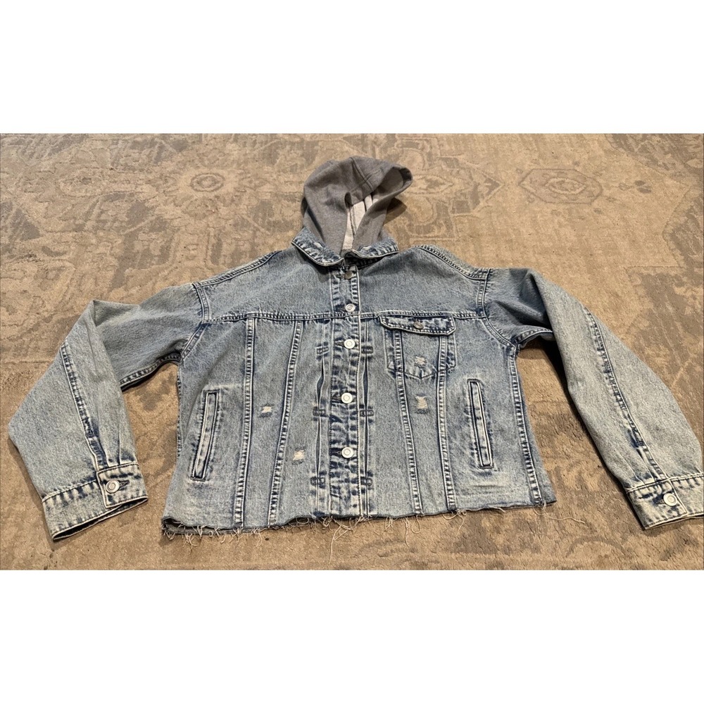 Buckle Denim BKE Blue Jean‎ Jacket Gray Fleece Hood Youth Boys Sz  XL Distressed